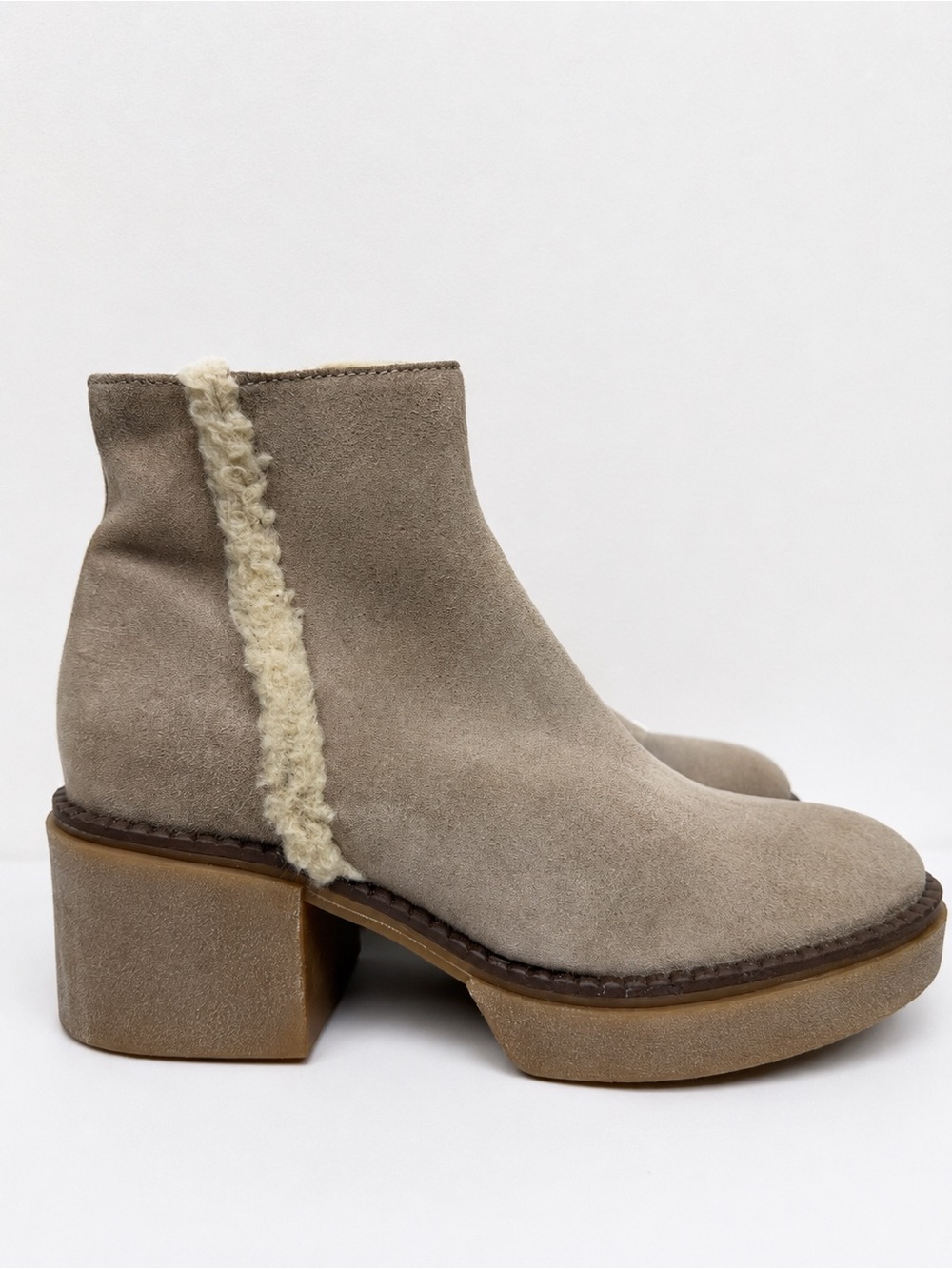 Sesto Meucci Italy Suede Shearling Ankle Boots Taupe Chunky Heel Platform